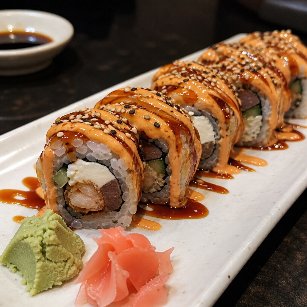 Cowboy roll at Osaka Express with New York strip steak, cream cheese and scallions, spicy mayo and BBQ sauce