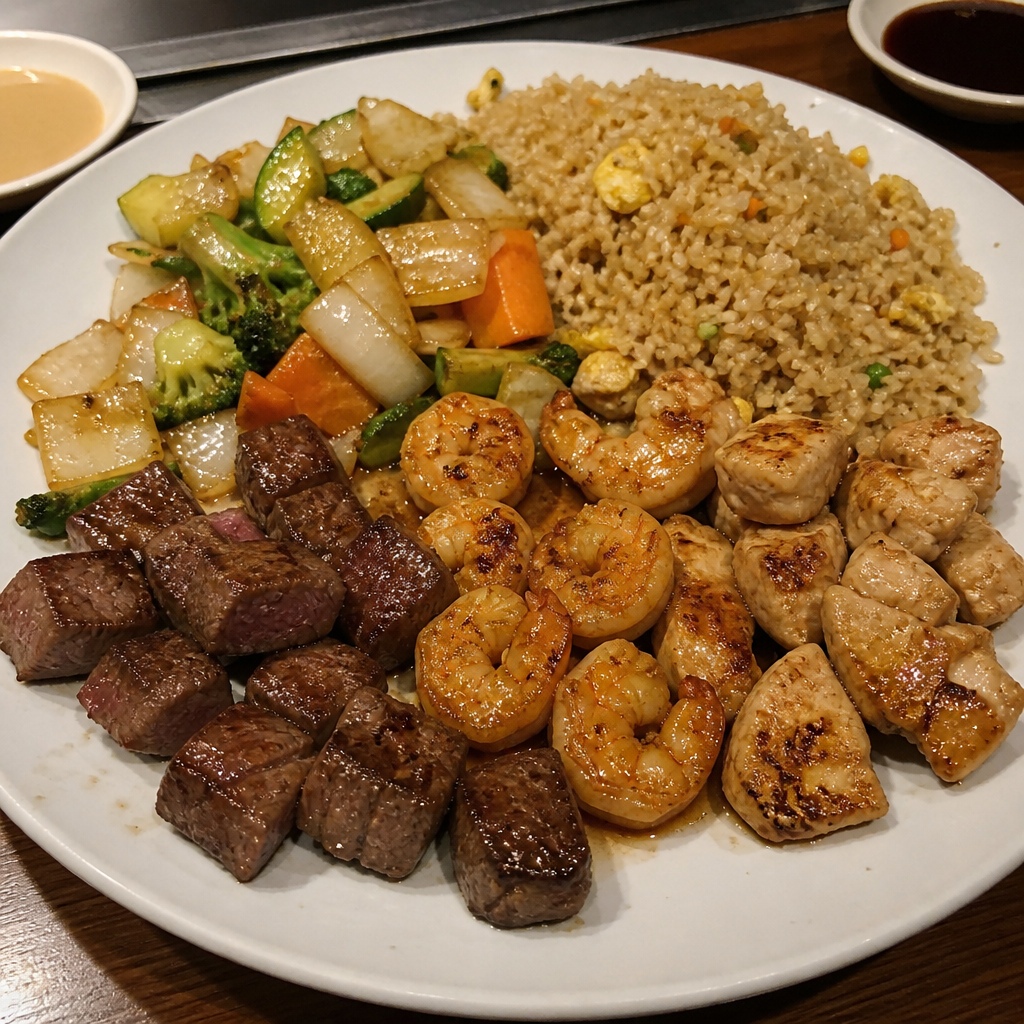 Hibachi steak, shrimp and chicken on one plate with fried rice and sautéed vegetables at Osaka Express