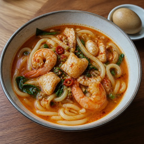 Spicy seafood noodle soup at Osaka Express with udon noodles, shrimp, scallop and greens in a red chili broth